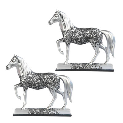 "2-PC Set" ICE ARMOR 8"W Decorative Craved Silver Horse Figurine with Base Figurine Statue Ornament Home/Room Decor and Perfect Gift Ideas for House Warming, Holidays and Birthdays Great Collectible Addition