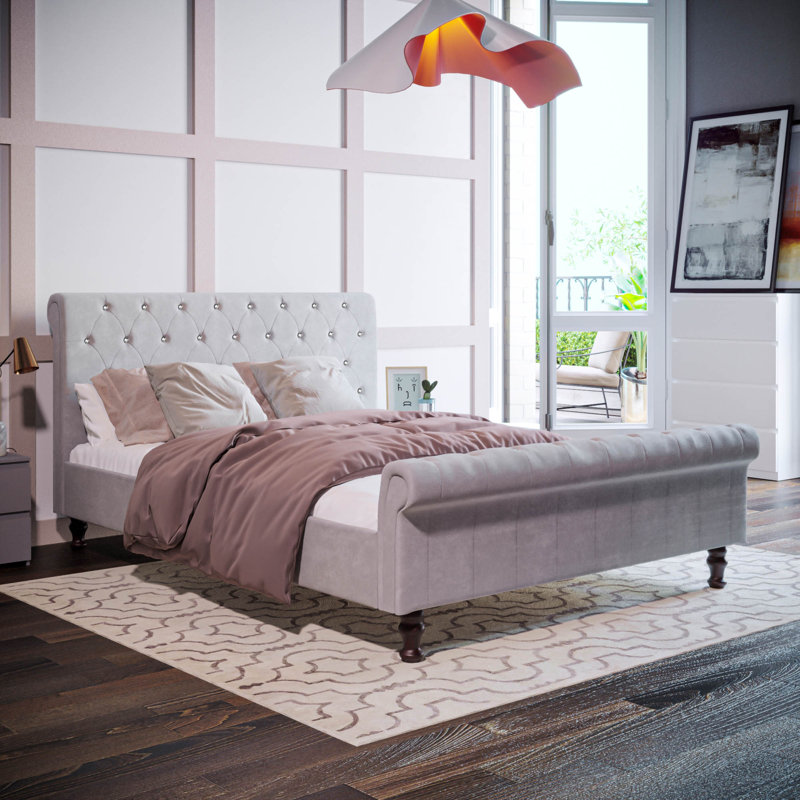 Barr Upholstered Bed, Double (4'6), Light Grey Velvet