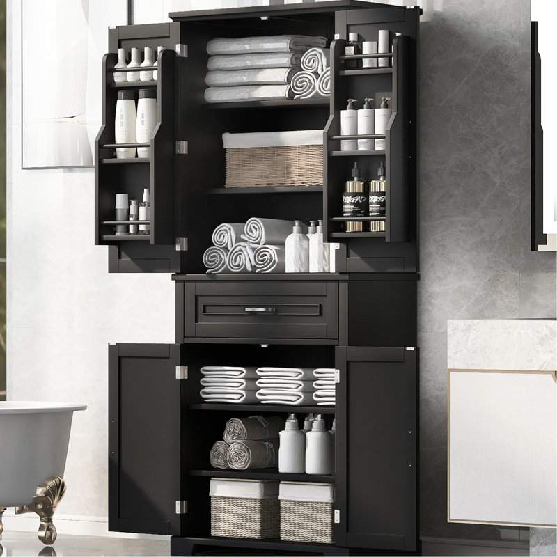 Armoire de rangement noire pour la salle de bain avec porte et tiroir pour plus de polyvalence - 1 tablette réglable, 4 portes, tiroir et rangement spacieux