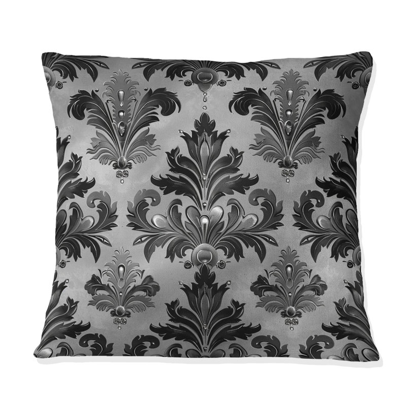 Coussin décoratif damassé Glam, H 16 po x l 16 po, Gris / Noir