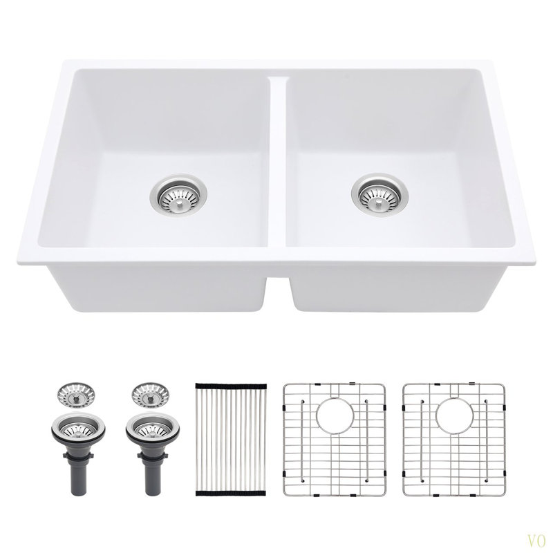 Quartz Kitchen Sink - 33" X 19"  Granite Composite Undermount Kitchen Sink Double Bowl(50/50), Glossy White