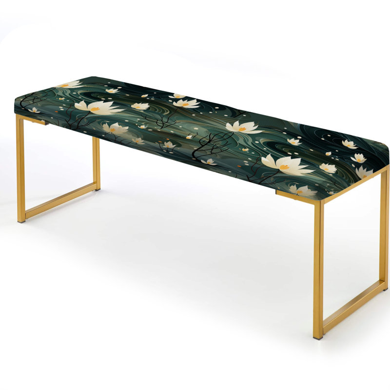 White And Green Tranquil Lotus Zen - Botanical Upholstered Gold Bench