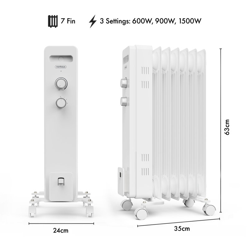 VonHaus 1500W Electric Radiator Space Heater with Adjustable Thermostat