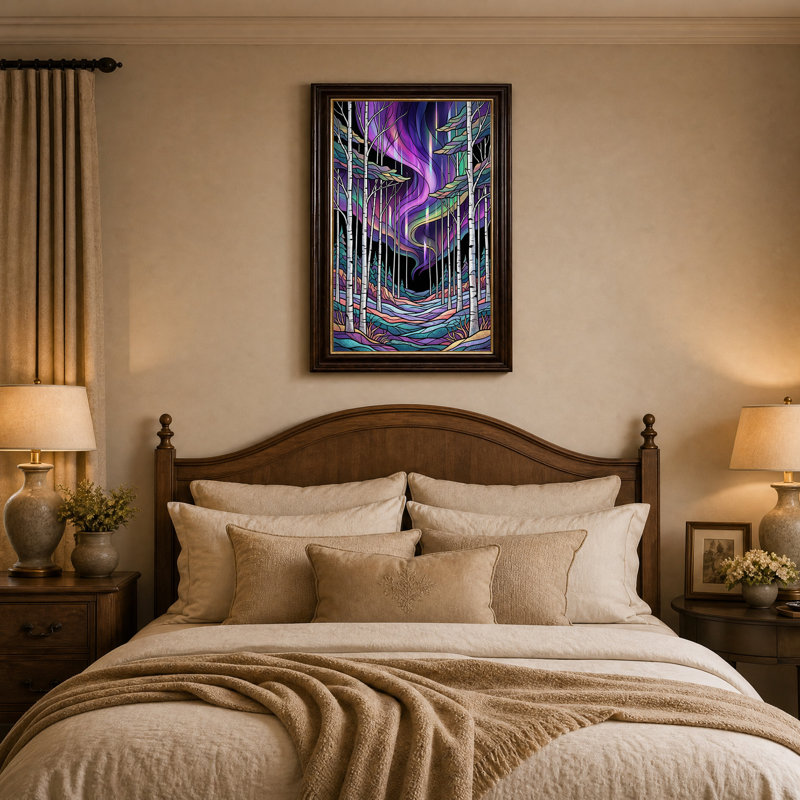 Tableau sur toile de style vitrail représentant une aurore boréale au-dessus d'une forêt de bouleaux, H 24 po x l 16 po