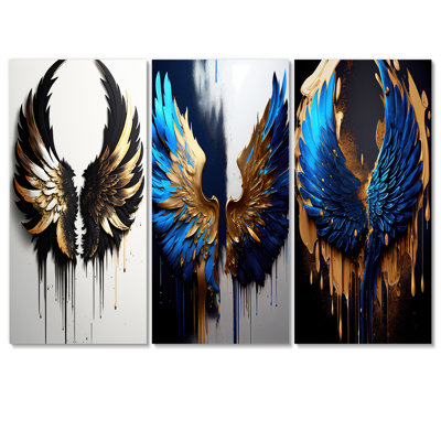 " Black Silver And Gold Angel Wings III " by Designart 3 - Pieces