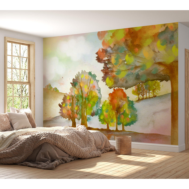 Papier peint de qualité supérieure - Paysage aquarelle d'automne, L 96 po x l 120 po