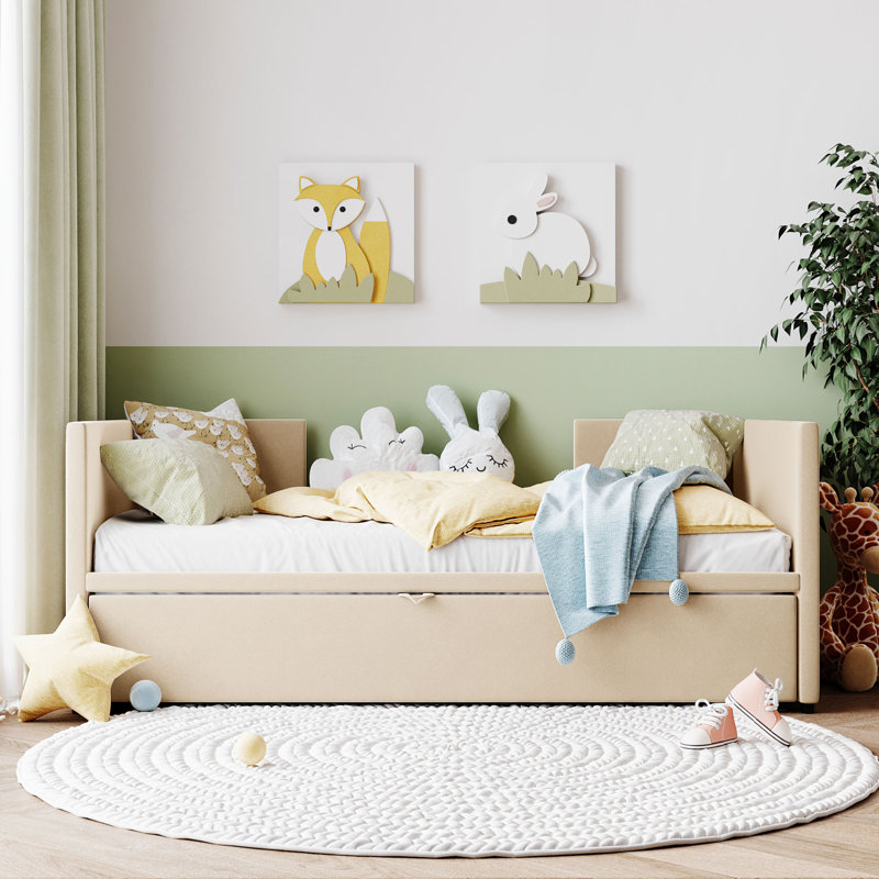 Twin Size Upholstered Daybed With Pop Up Trundle, Beige, Beige