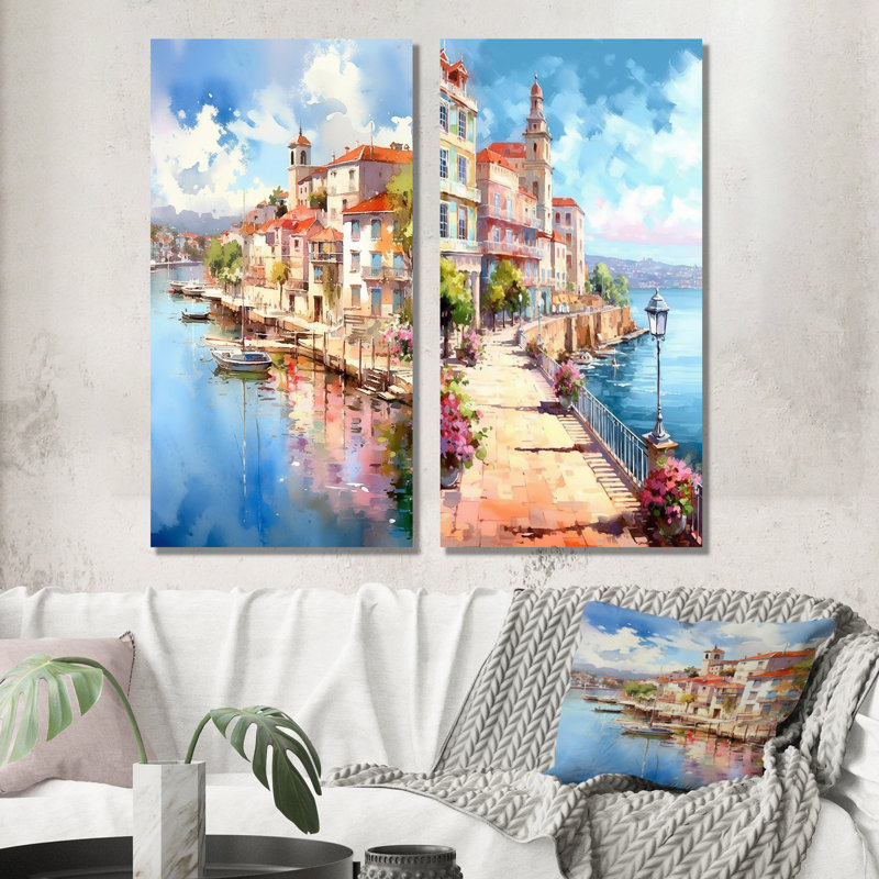 Sunny Port In Italy - ensemble de 2 décorations murales en métal Italie, H 28 po x l 24 po
