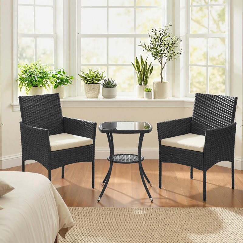 2 - Person Patio Dining Set with Square Table, Cream White Cushion/Black Frame