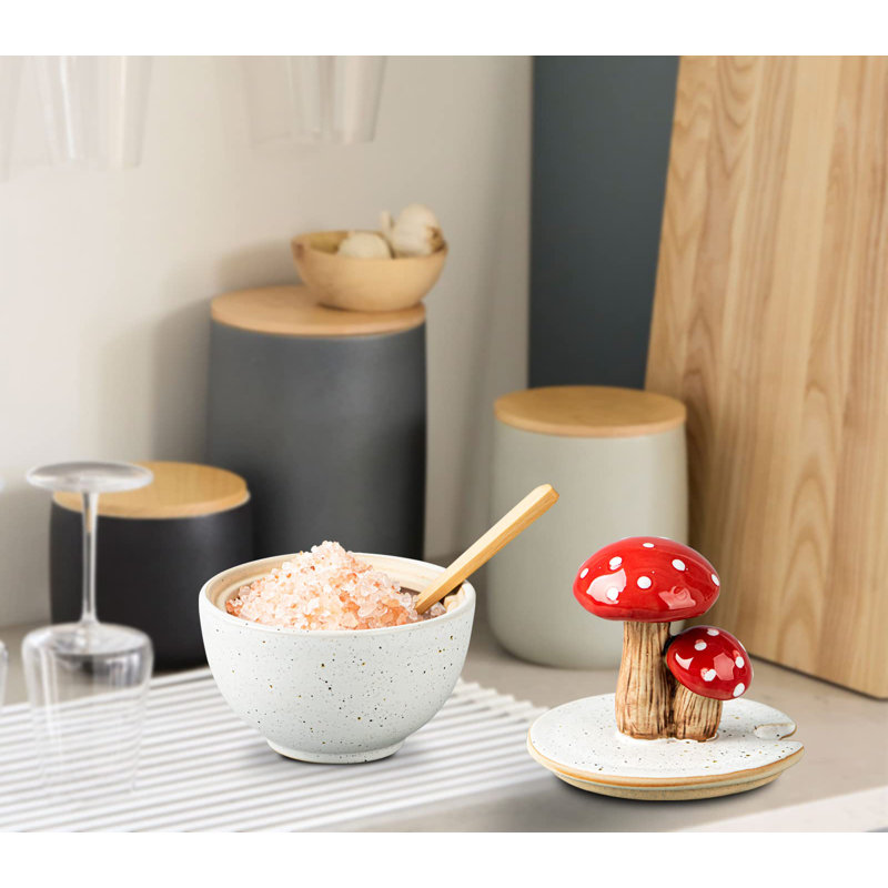 Salière champignon avec couvercle Boîte à sel en céramique Bol à sel blanc Bac à sel avec couvercle Cochon de sel avec cuillère en bambou