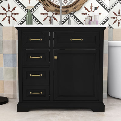Meuble-lavabo avec lavabo en céramique, 4 tiroirs, tablette réglable et porte à fermeture en douceur