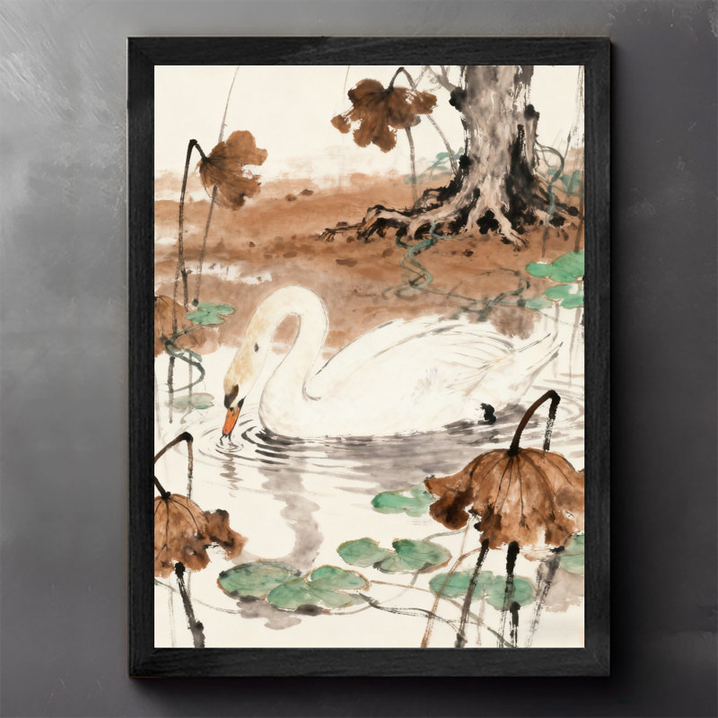 Reproduction d'art encadrée noire, cygnes rétro sur la surface du lac brumeux, H 11 po x l 9 po