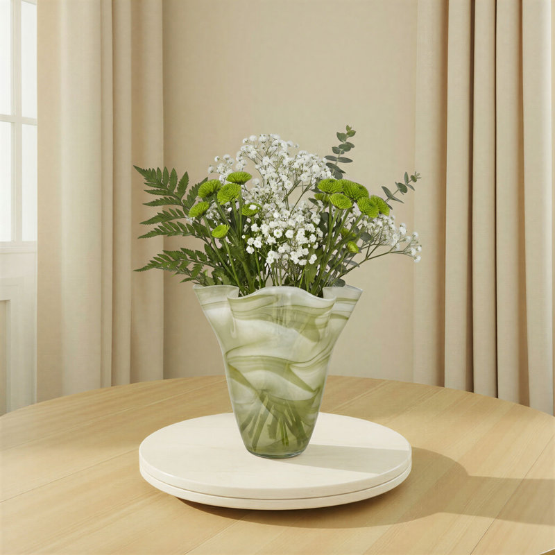 Round Hand-Blown Glass Ruffled Vase With Swirled Design