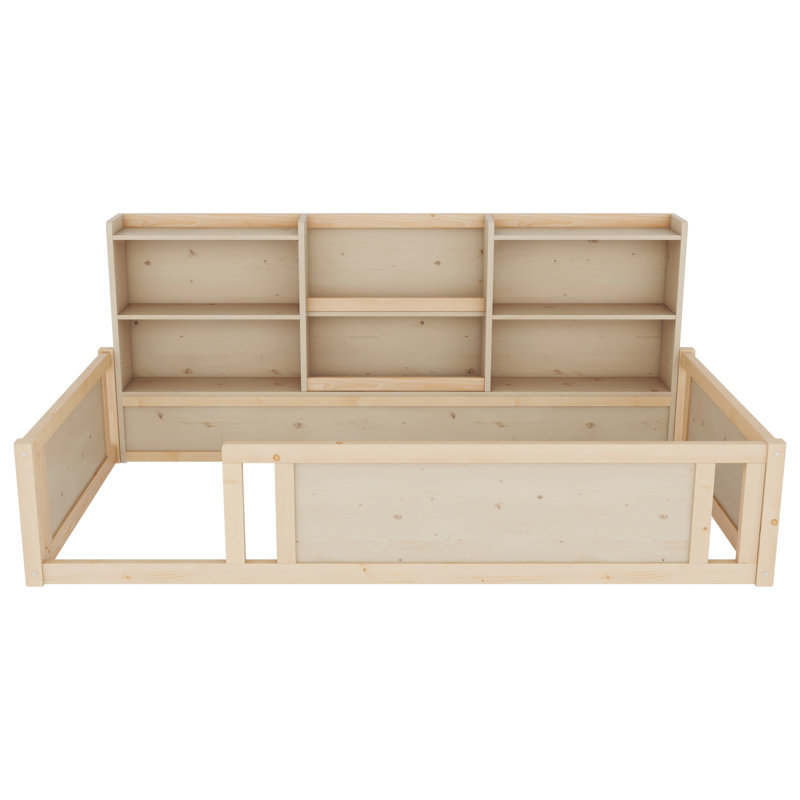 Lit plateforme simple en bois avec barrière de sécurité et tablettes de rangement latérales, Naturel