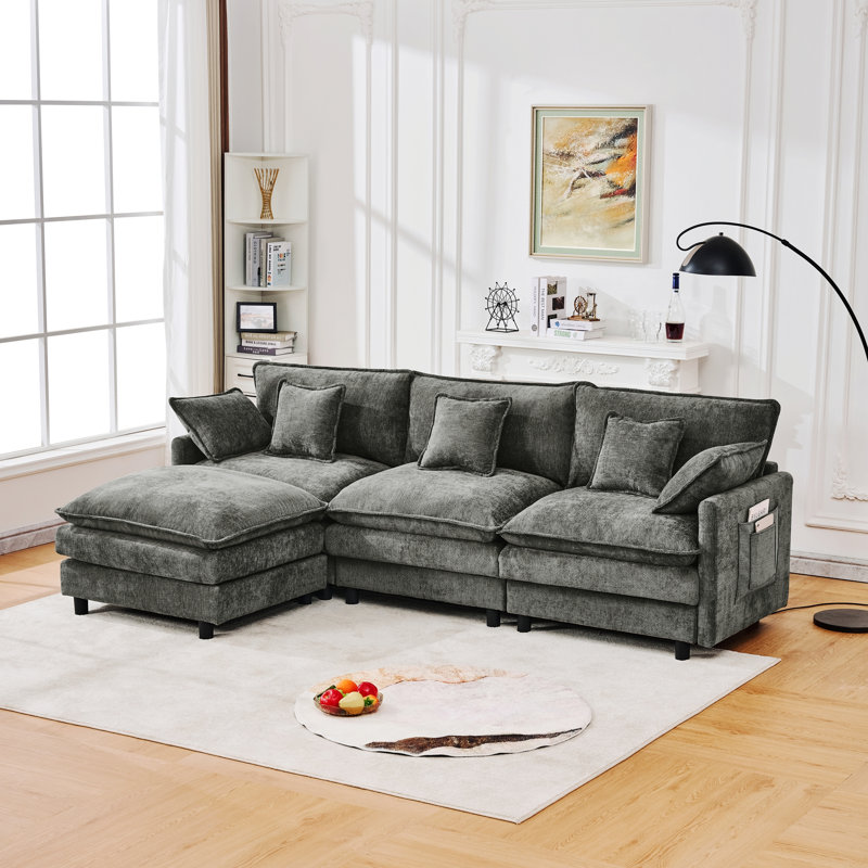 Canapé à trois places avec repose-pieds mobile pour les salons, les chambres et les appartements, Gris
