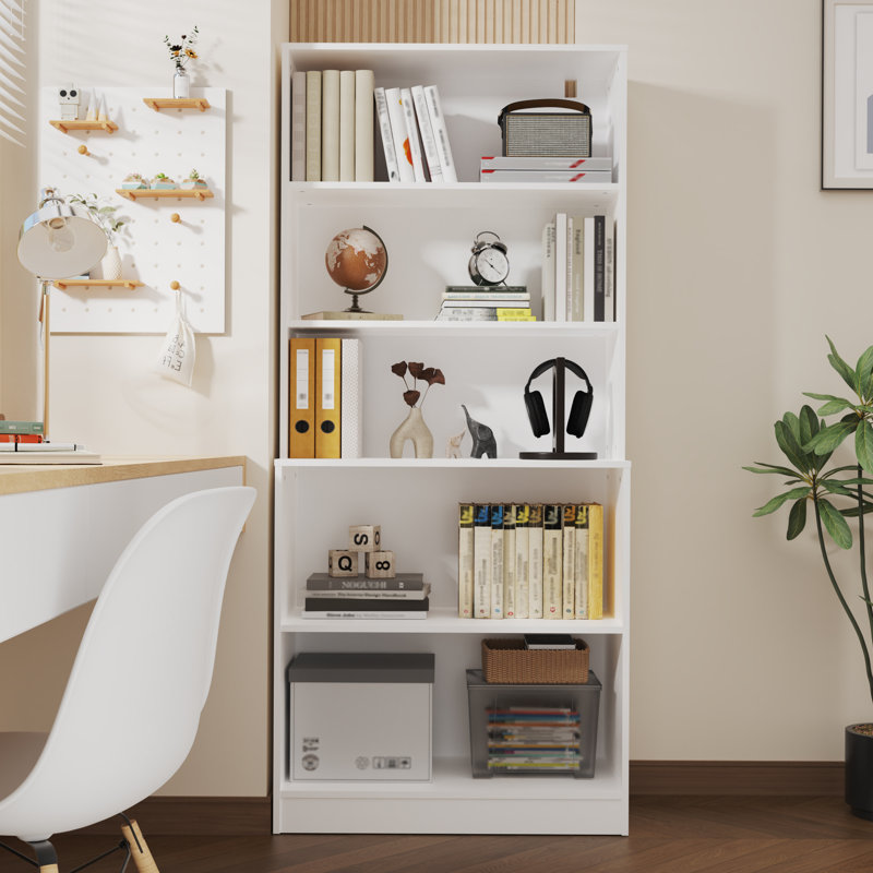 White 71" Tall 5-Tier Wood Bookshelf with Doors