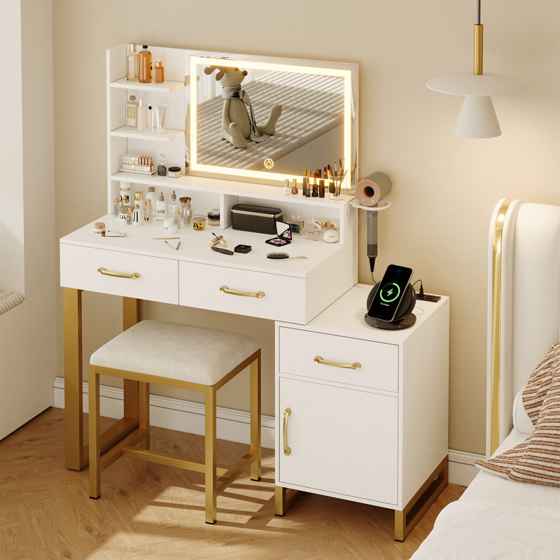 Ensemble de coiffeuse lumineuse avec miroir 3 modes et prises intégrées, commode blanche et dorée pour la chambre à coucher ou le vestiaire