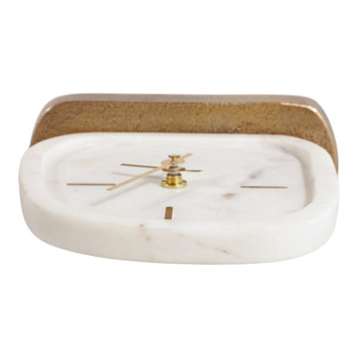 Square Marble Clock with Metal Base for Home Decor - Tabletop Accent Clock for Mantel, Entryway, or Office Style - 7", White & Gold