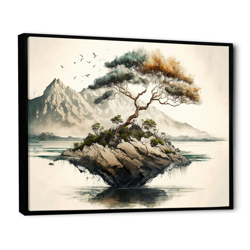 Bonsai par l'eau I - art mural moderne sur toile, Cadre photo noir, L 20 po x H 12 po