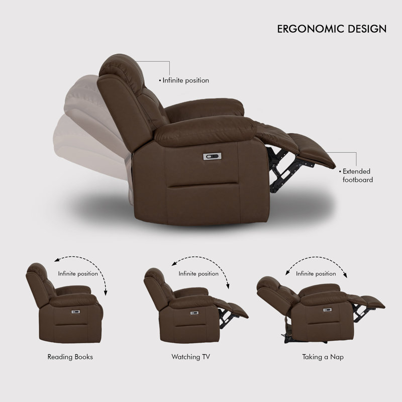 Fauteuil inclinable électrique 35 po en similicuir avec ports USB et USB-C, Dark Brown