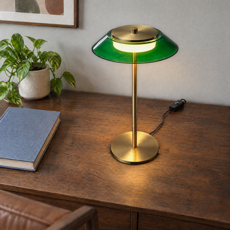 Lampe de banquier vintage en verre vert émeraude, lampe de table DEL intégrée à intensité variable, 100-240 V, corps en laiton antique