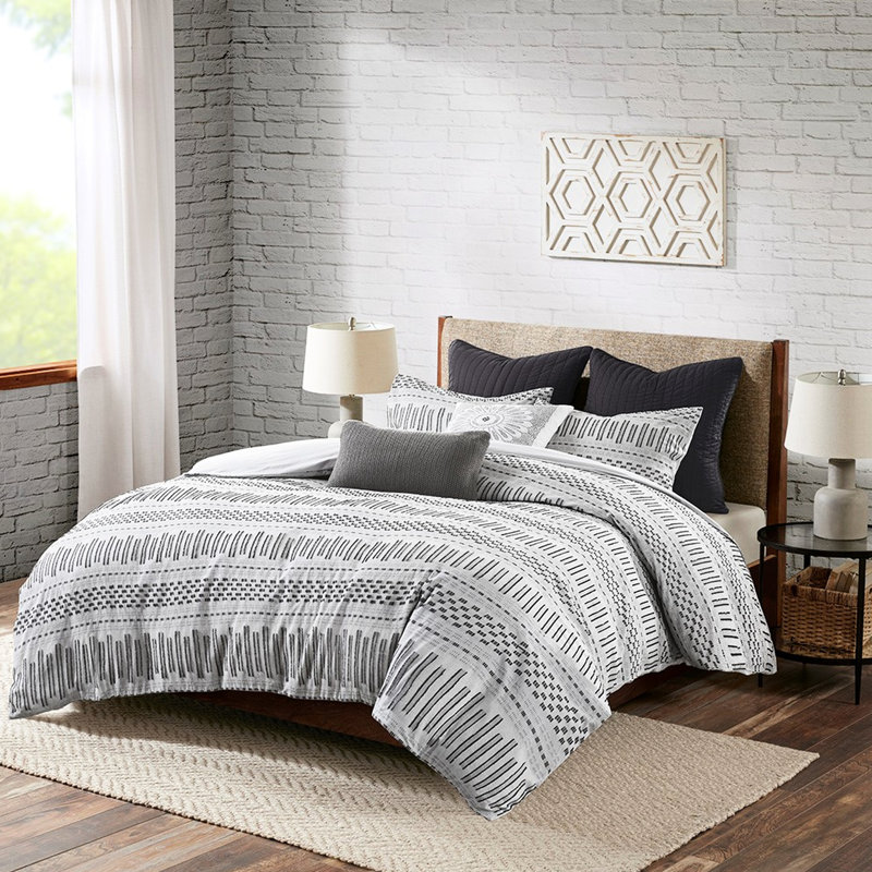 Édredon 100% coton très captivant gris / noir, Gris / Noir, Édredon très grand et 2 taies décoratives stand