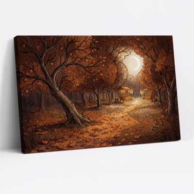 Verger d'automne au clair de lune avec étables en bois - Toile murale d'Halloween