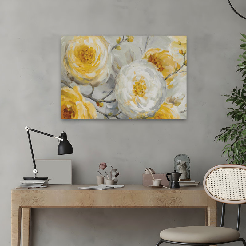 Soleil - branches, fleurs, art gris, H 16 po x l 24 po