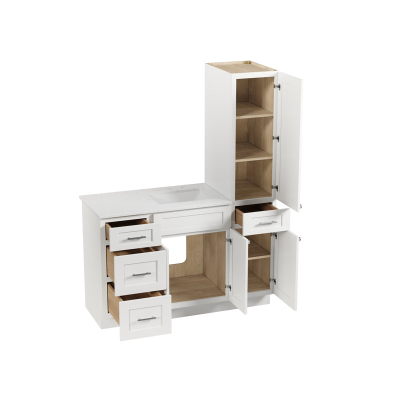 Disar 54'' Single Bathroom Vanity With Right Linen Tall Cabinet Dovetail Solid Wood Drawer Carrara Quartz Top, White