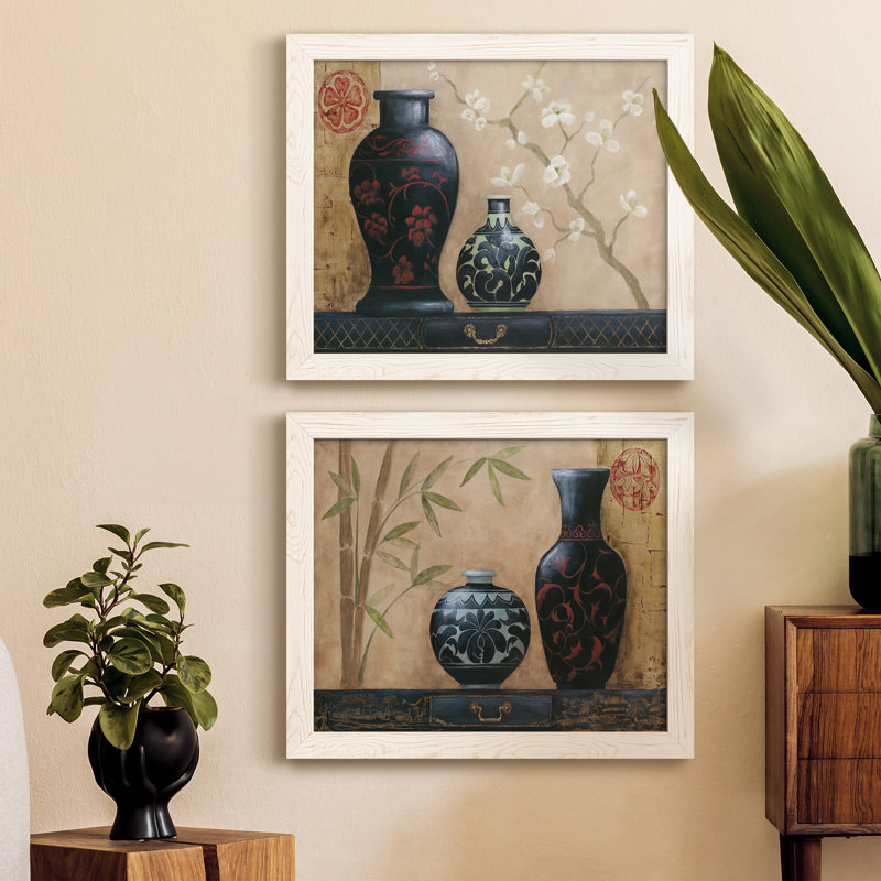 Asian Calm I - ensemble de 2 peintures sur toile encadrées, Cadre blanc, H 37,5 po x l 55 po x P 1,5 po