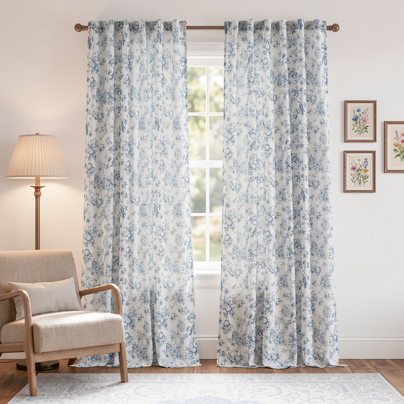 Linen Blend Farmhouse Floral Curtains Semi Sheer French Country Curtain Panels, Blue, 50" W x 96" L