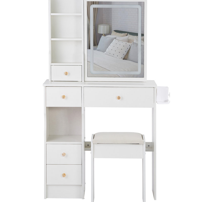 Small - Sized 29.2" Left Drawer Vanity Table And Cushioned Stool, 2 Ac+2 Sockets, Hair Dryer Holder, Large Sliding Touch Controlled Led Mirror With Three Color Switch Brightness Adjust, Suitable For