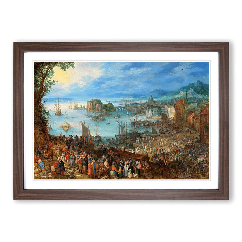 Great Fish Market by Pieter Bruegel the Elder - Picture Frame Painting, 36cm H x 48cm W x 2cm D, Walnut Framed
