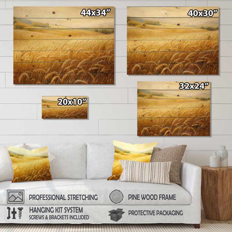 Countryside Golden Fields In Summer Light II - Countryside Wood Wall Art - On Natural Pine Wood, 24" H x 32" W x 0.78" D