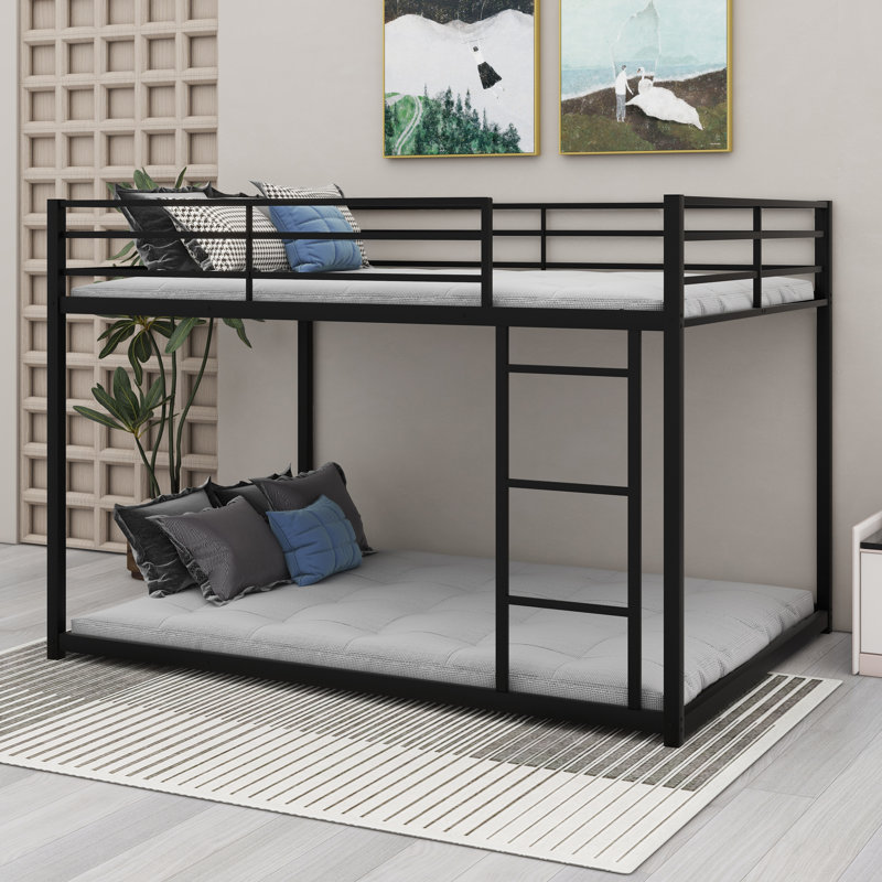 Low Bunk Bed With Ladder, Sturdy Metal Frame  And Safety Guardrails, Black