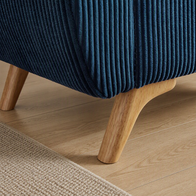 Banc de lit moderne en velours côtelé avec rangement dissimulé et pieds en bois massif, Bleu, Bleu