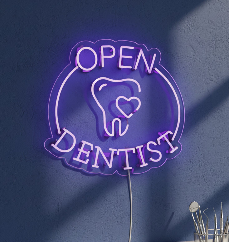  | Enseigne néon Open Dentist | Fabriqué avec un tube néon flexible durable qui émet une lumière brillante et uniforme pendant plus de 50 000 heures sans gradation ni scintillement | 23 x 24 | Mauve clair