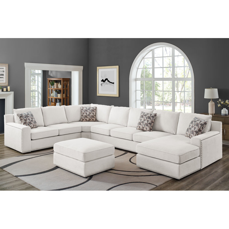 Canapé modulaire de coin avec repose-pieds Makah, Microfibre / microsuède blanc