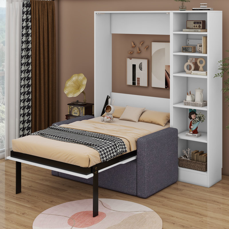 Lit escamotable Verlina avec canapé et tablettes, Lit simple, Gris foncé