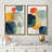 Mid Century Shape "Vibrant Blue & Yellow & Orange Polygon Artwork, Modern Abstract Geometric Wall Pictures, Framed Canvas Giclee Print 2 Pieces Wall Art Set" 16x24x2 pcs, 24x36x2 pcs-91068972-91068971