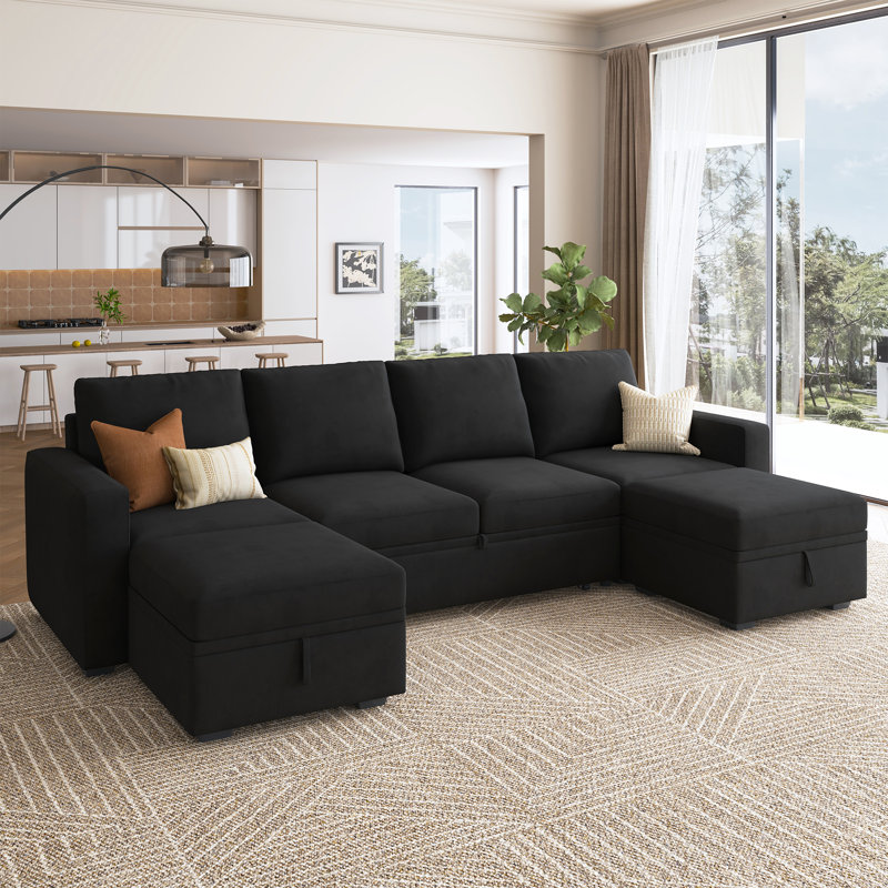 Canapé modulaire avec rangement en U Niyona, Velours noir