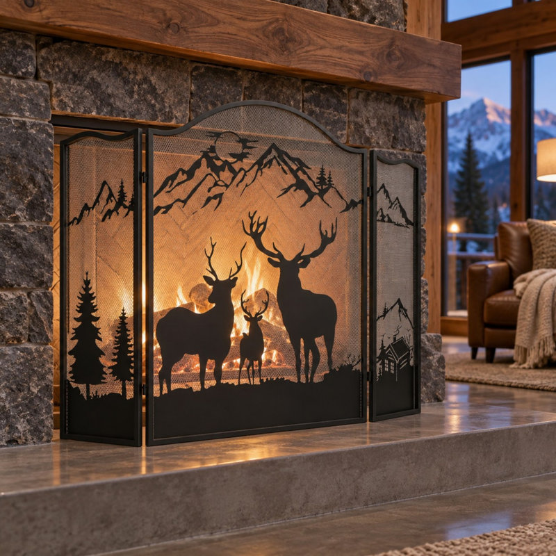 50" 3-Panel Fireplace Screen with Deer Pattern and Foldable Steel Frame
