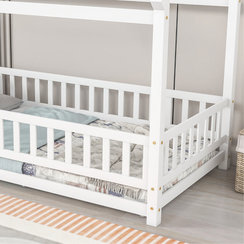 Thendara Floor Bed Frame, Wooden Platform Bed with House Roof Frame and Fence Guardrails, Twin, White