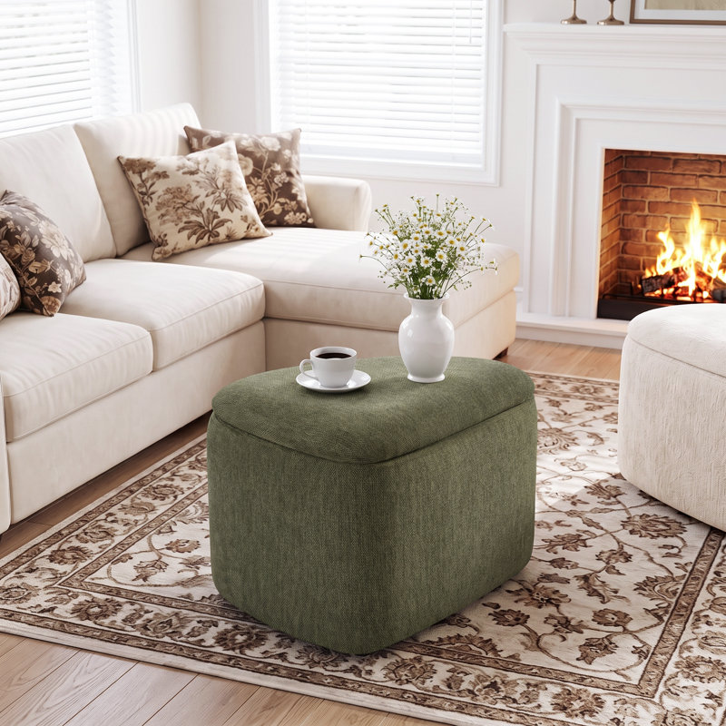 Anease 25.8" W Asymmetrical Upholstered Pebble Shaped Storage Ottoman, Green Linen