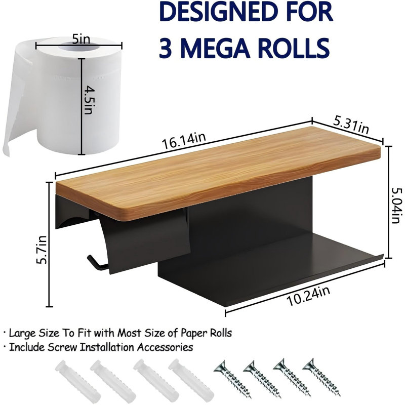 Double porte-papier hygiénique avec tablette en bois massif, noir en acier, rouleaux de papier hygiénique avec rangement, noyer résistant à la rouille, acier pour organisateur de salle de bain