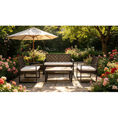 4-Piece Outdoor Patio Furniture Set, Weather-Resistant Conversation Set With Removable Cushions & Acacia Wood Table, For Backyard, Balcony, Garden