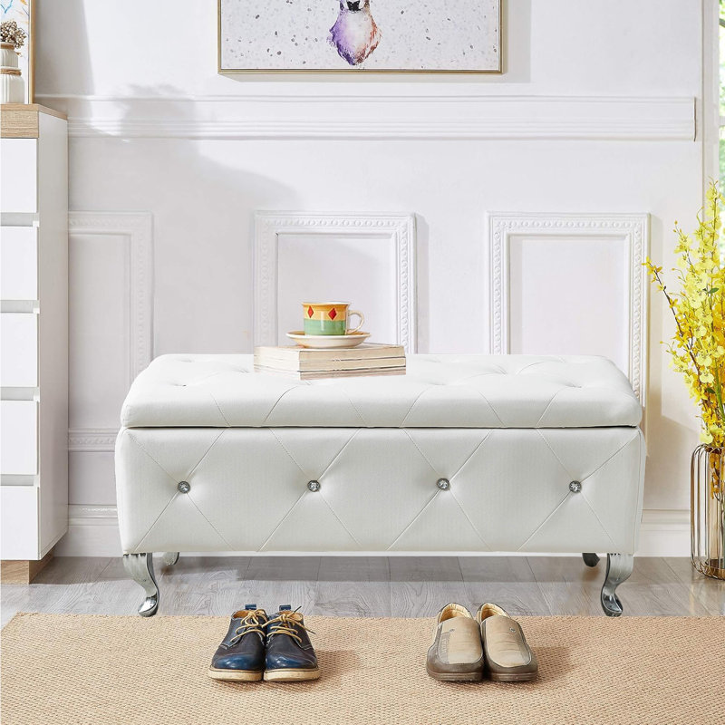 Upholstered Storage Ottoman Bench For Bedroom End Of Bed Faux Leather Rectangular Storage Benches Footrest With Crystal Buttons For Living Room Entryway (Silver)