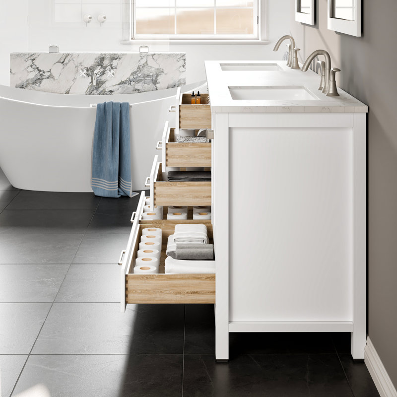 Minnich 84"W x 22"D Double Sink Bathroom Vanity with Undermount Porcelain Sink, White, Quartz - White Carrara
