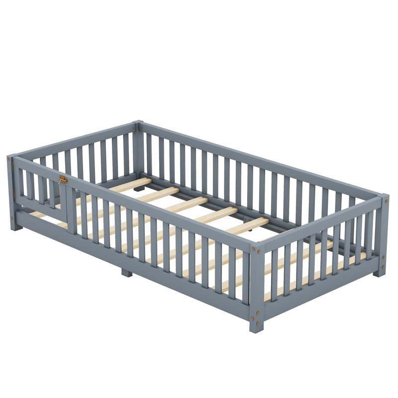 Lit simple pour enfant avec garde-corps et porte, Gris