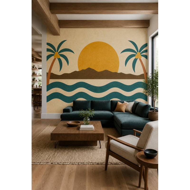 Fresque murale rétro côtière avec palmiers et coucher de soleil, paysage du milieu du siècle, 180"x120", Peel and Stick